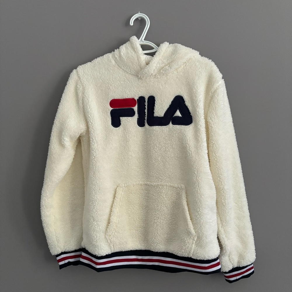 FILA Size XL White, Black, and Red Fluffy Unisex Kids Hoodie